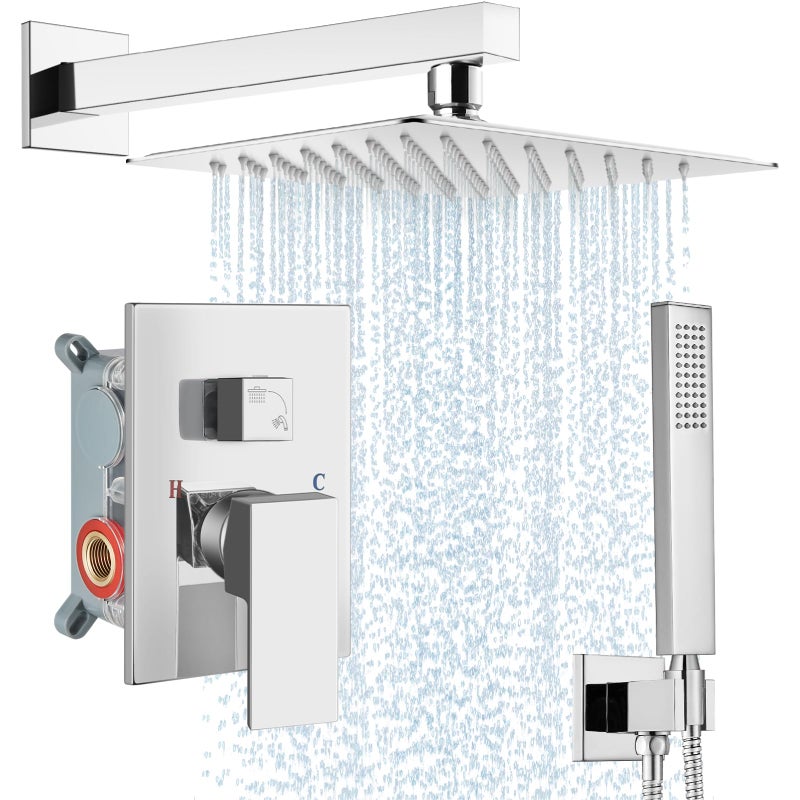 Midanya Shower Faucet Set,Wall Mount Shower System with Square Rain Shower Head and Hand Sprayer, Rough-in Valve Body and Trim Kit Included,10 Inch,Polish Chrome - Image 1